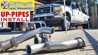 2001 F350 73  RiffRaff UpPipes Install  Stock up pipes leaking and falling apart JUNK SP [upl. by Kiernan815]